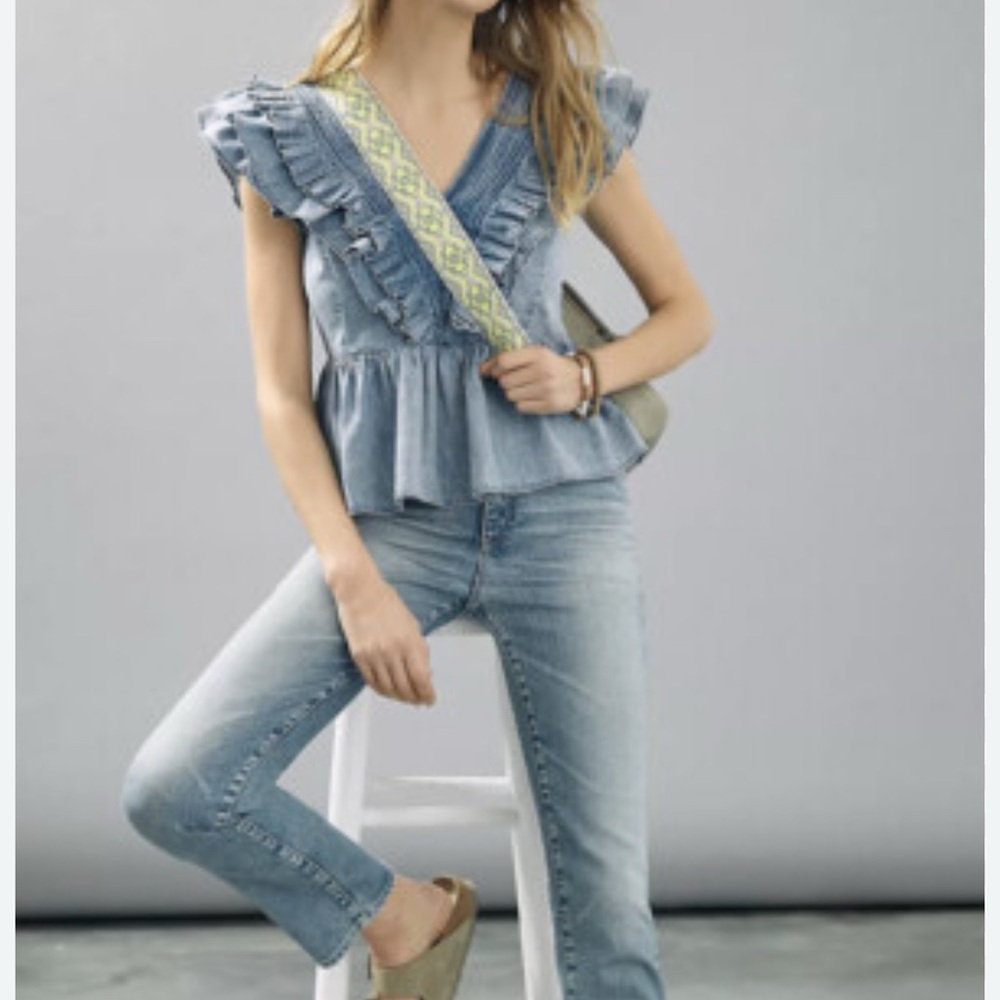 Anthropologie x Mare Mare Ruffled Chambray Denim Blouse Size Small Top Peplum - Picture 5 of 7